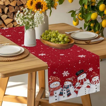Christmas Snowman Red Table Runner Dresser Scarf 13 x 120 Inch Cute Xmas Snowman Snowflakes Winter Table Runners Non-Slip Heat Resistant Kitchen Dining Table Decor for Home Holidays Indoor Outdoor