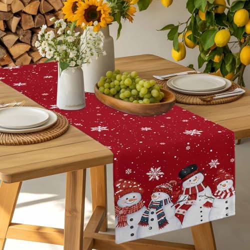 Christmas Snowman Red Table Runner Dresser Scarf 13 x 108 Inch Cute Xmas Snowman Snowflakes Winter Table Runners Non-Slip Heat Resistant Kitchen Dining Table Decor for Home Holidays Indoor Outdoor