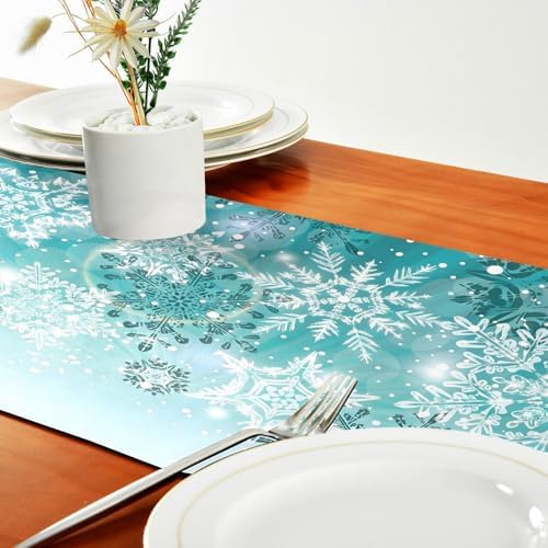 ALAZA Double-Sided Silver Winter Teal Turquoise Snowflakes Christmas Table Runner 14x108 Inches Long,Table Cloth Runner for Wedding Birthday Party Kitchen Dining Home Everyday Decor