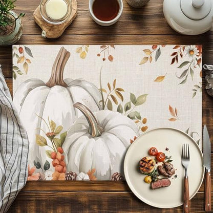 Fall Floral Leaves Placemats Set of 6, Thanksgiving Pumpkins Heat Resistant Washable Table Place Mats Boho Cotton Table Linens Party Holiday Decorations for Home Kitchen Dining Table Outdoor Indoor,
