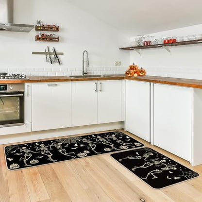 JarThenaAMCS Halloween Skeleton Kitchen Mats Spider Pumpkin Bat Welcome Floor Mat Non-Slip Black Door Rugs for Indoor Outdoor Bathroom, 17 x 29 Inch & 17 x 47 Inch