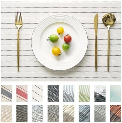Placemats Set of 12 Vinyl/Plastic Woven Place Mats for Kitchen Table Indoor/Outdoor Washable Placemat Wipeable Dining Table Mats (White Stripes,12)