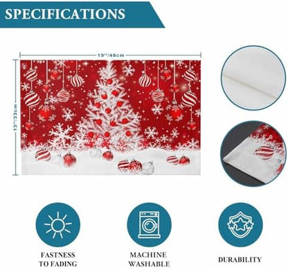 Red Christmas Placemats Set of 4, White Xmas Tree Snowflakes Red Balls Heat Resistant Washable Table Place Mats Winter Cotton Table Linens Party Holiday Decor for Kitchen Dining Outdoor Indoor