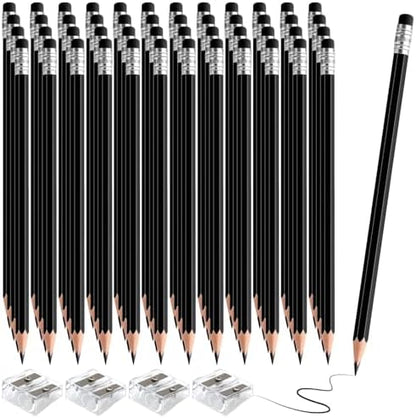 48 PCS Black Pencils Bulk with Eraser, Pre-Sharpened HB Pencils for Writing & Drawing, School Supplies for Kids Homework, Tests, Art Crafts & Teacher Grading (Black)