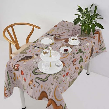Rustic Forest Tablecloth, Pink Woodland Wild Animal Hare Squirrel Owl Snail Flowers Mushroom Table Cloth for Home Kitchen Dining Outdoor Patio Wedding Decor 60x120in