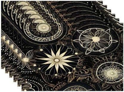 Batmerry Circular Patterns Floral Designs Placemats, Black and Gold Decorative Patterns Washable Linen Table Mats for Kitchen Table Double Insulation Decor Dining Set Indoor Outdoor 12X18 in Set of 6