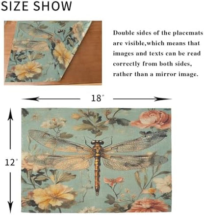 ALAZA Vintage Dragonfly Floral 1 PC Placemats Rectangle Table Mat for Dining Table Restaurant Kitchen Home Decor, 12" x 18"