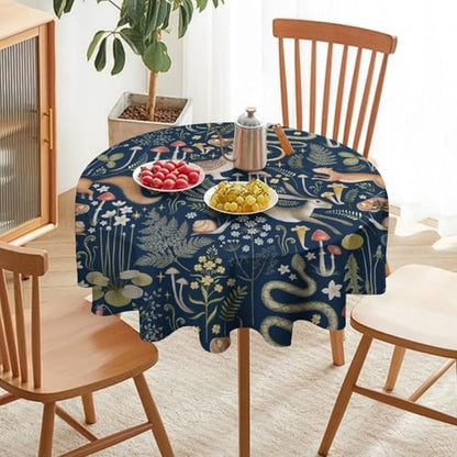 Fairy Forest Tablecloth, Retro Dark Blue Woodland Wildlife Owl Squirrel Print Rustic Flowers Mushrooms Table Cloth for Outdoor Picnic Home Dining Kitchen Table Decor, 50x50in