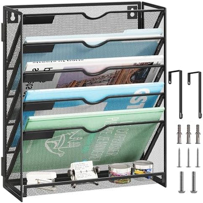 Lavatino 6-Tier Hanging File Organizer, Wall Mount File Holder for Mails Folders Papers Magazine Organization, Vertical Document Organizer for Office Home - Black