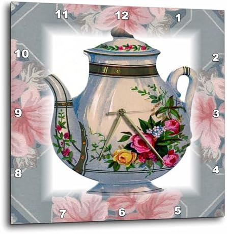 3dRose Wall Clock Silent - 13 inch - Victorian Flower Teapot On Blue Pink Floral Background - Victorian Images