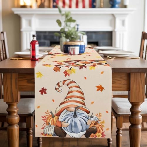 Fall Table Runner Fall Gnome Table Runners Harvest Thanksgiving Maple Leaves Blue Pumpkin Cotton Linen Dresser Scarf Kitchen Dining Table Decor for Autumn Holiday Party Coffee 13x36 Inch
