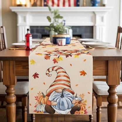 Fall Table Runner Fall Gnome Table Runners Harvest Thanksgiving Maple Leaves Blue Pumpkin Cotton Linen Dresser Scarf Kitchen Dining Table Decor for Autumn Holiday Party Coffee 13x36 Inch