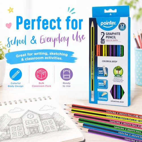 Pointer Wooden Pencils Pre-Sharpened HB Graphite Colorful Assorted Bodies, Hexagonal Grip for Comfortable Use with Soft Erasers Strong Break-Resistant Core Smooth Writing for Classrooms Work - 12Pcs