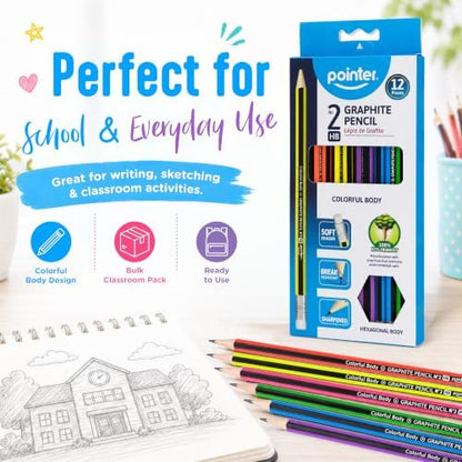 Pointer Wooden Pencils Pre-Sharpened HB Graphite Colorful Assorted Bodies, Hexagonal Grip for Comfortable Use with Soft Erasers Strong Break-Resistant Core Smooth Writing for Classrooms Work - 12Pcs