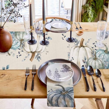 Fall Pumpkin Table Runner Dresser Scarf 13 x 48 Inch White Blue Leaves Rustic Table Runners Non-Slip Heat Resistant Kitchen Dining Table Decor for Autumn Thanksgiving Holidays Indoor Outdoor