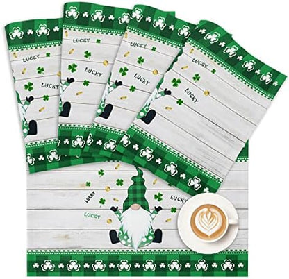 St. Patrick's Day Gnomes Clover Placemats Set of 4,Irish Green Buffalo Check Plaid Clover Cotton Linen Heat Resistant Table Mats Washable Spring Holidays Decorations For Kitchen Dining Table