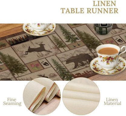 Rustic Moose Deer Bear Table Runner, Retro Vintage Bear Cottage Country Style Cabin Farmhouse Dinner Runner for Home Kitchen Dining Table Decoration 13x90inch
