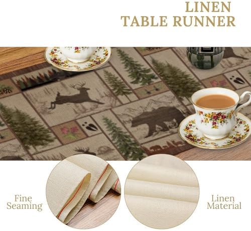 Rustic Moose Deer Bear Table Runner, Retro Vintage Bear Cottage Country Style Cabin Farmhouse Dinner Runner for Home Kitchen Dining Table Decoration 13x70inch