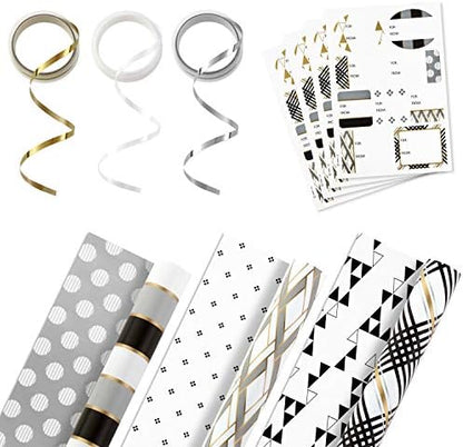 Hallmark Reversible Wrapping Paper Bundle with Ribbon & Gift Tag Stickers - Black, Gold Stripes, Plaid (3 Pack, 120 sq. ft. TTL, 30 Yds. Mini Ribbon, 36 Labels) for Graduations, Weddings, Christmas