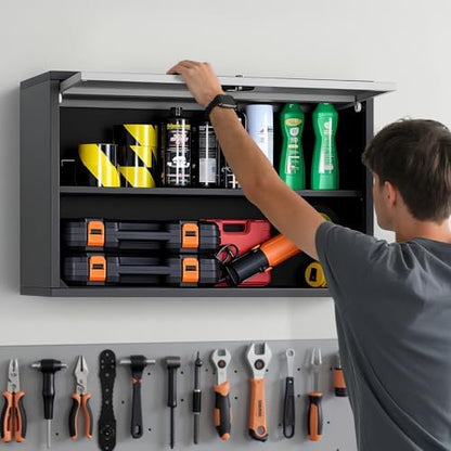 VEVOR Metal Wall Cabinet, 30.31 x 12.01 x 19.69 Inch, Floating Garage Tool Cabinet with Up-Flip Door and Shelf, 240 lbs Load Capacity, Fit for Garage, Basement, Kitchen, Warehouse Assembly Required