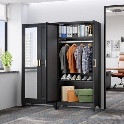 SteeLoong 71”Armoire Wardrobe Close,Black Wardrobe Cabinet with Mirror Door
