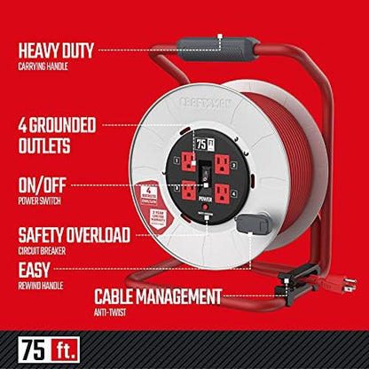 CRAFTSMAN 75 Ft. Contractor Retractable Cord Reel, 4 Grounded Outlets