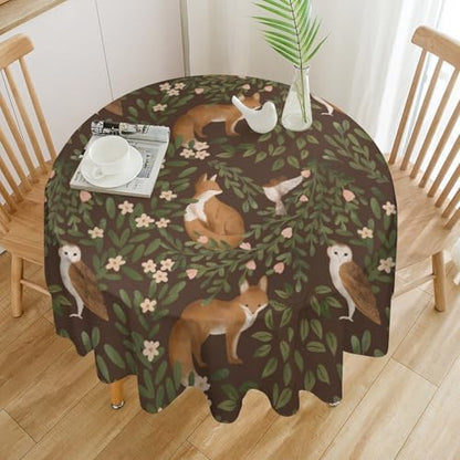 Woodland Animals Tablecloth, Rustic Forest Fox Owl Bird Green Plants Leaves Print Table Cover for Farmhouse Kitchen Dinning Indoor Outdoor Party Decor, 60x60in