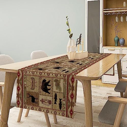 Vintage Rustic Cabin Bear Table Runner,Cottage Country Style Pine Tree Elk Wildlife Dinner Runner for Home Kitchen Dining Table Decoration 13"x70"