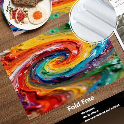 Batmerry Multicolor Abstract Art Linen Placemats Set of 8, Colorful Grunge Macro Closeup Washable Table Mats for Kitchen Table Thickened Heat Insulation Dining Set Indoor Outdoor 12X18 in
