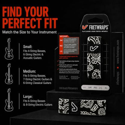 Gruv Gear Fret Wrap & Guitar Mute, Fretwrap for Acoustic, Electric & Bass | String Dampener Recording, Tapping & Practice Accessory (1 Pack, Large Bandana Black, Fits 6 String Bass, 8 String Guitar)