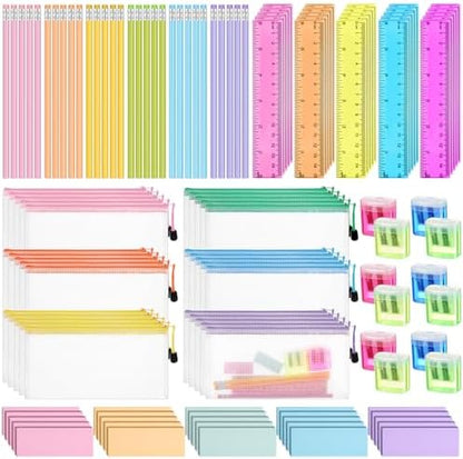 Watersay 240 Pcs Stationery Supplies Kit Includes 120 HB Writing Instruments 30 Eraser 30 Ruler 30 Sharpener 30 Mesh Zipper Pouch Bags, Stationery for Exchange Gift(Bright Colors)