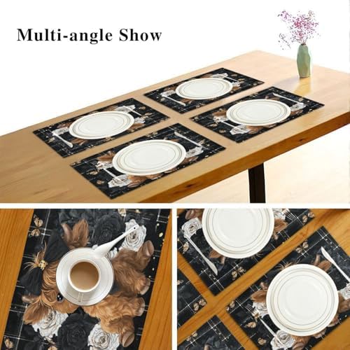 ALAZA Highland Cow Rose Butterfly 1 PC Placemats Rectangle Table Mat for Dining Table Restaurant Kitchen Home Decor, 12" x 18"