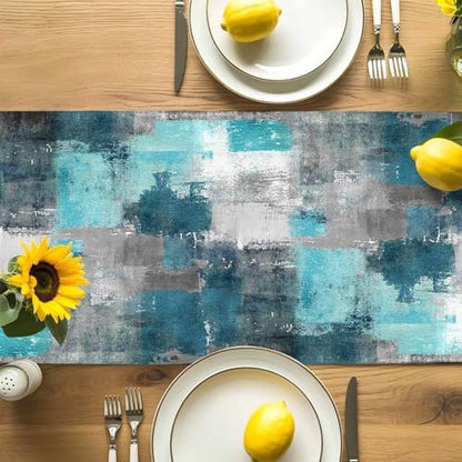 Teal Grey Abstract Art Table Runner Dresser Scarf 13 x 72 Inch Modern Turquoise Color Block Graffiti Table Runners Non-Slip Heat Resistant Kitchen Dining Table Decor for Home Holidays Indoor Outdoor