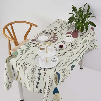 Mushroom Tablecloth, Boho Floral Rustic Wildflower Herbs Plants Colorful Botanical Green Leaves Print Table Cloth for Kitchen Dining Picnic Party Restaurant Decoration 60x90in