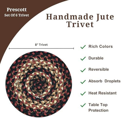Homespice Prescott Braided Trivets Ideal as Pot Holders, Round 8" Set of 6