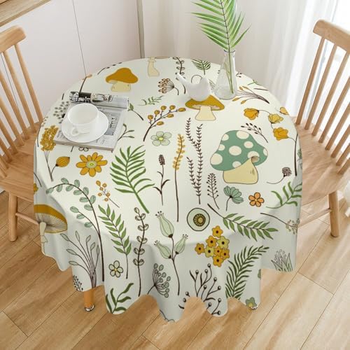 Wild Mushroom Tablecloth, Vintage Botanical Rustic Wildflower Herbs Plants Green Mushroom Table Cloth for Farmhouse Kitchen Dinning Room Picnic Parties Home Decor, 70x70in