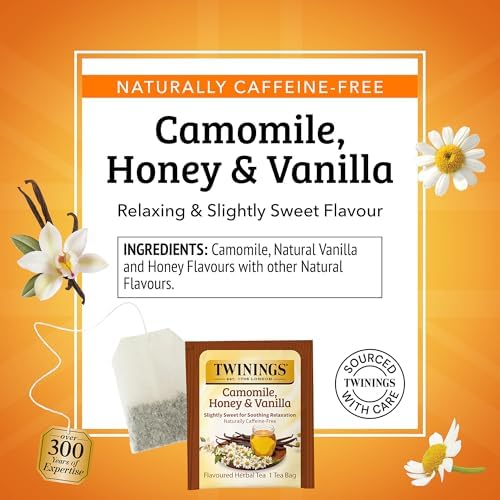 Twinings Camomile, Honey & Vanilla Herbal Tea individually Wrapped Bags, 20 Count (Pack of 1), Naturally Caffeine-Free, Enjoy Hot or Iced, 20 Teabags
