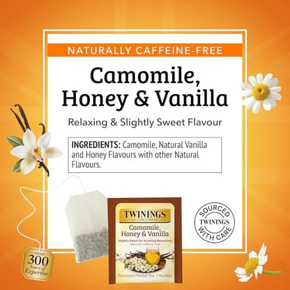 Twinings Camomile, Honey & Vanilla Herbal Tea individually Wrapped Bags, 20 Count (Pack of 1), Naturally Caffeine-Free, Enjoy Hot or Iced, 20 Teabags
