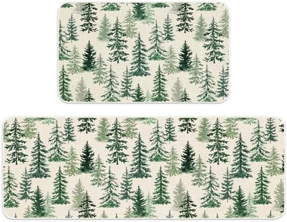 JarThenaAMCS Christmas Kitchen Mat Set of 2 Watercolor Cedar Forest Kitchen Floor Mats Winter Trees Non-Slip Door Rugs for Xmas Holiday Home Entrance Decor