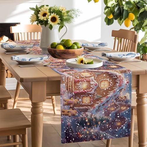 Christmas Table Runner Dresser Scarf 13 x 108 Inch Gingerbread Man House Candy Winter Night Snow Scene Table Runners Non-Slip Heat Resistant Kitchen Dining Table Decor for Home Holidays Indoor Outdoor