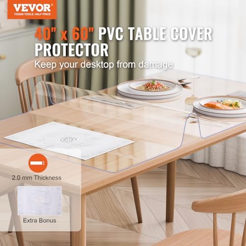 VEVOR Plastic Table Cover, 40 x 60 Inch 2.0 mm Thick Clear PVC Table Protector, Rectangle Desk Mat, Waterproof & Easy Cleaning Tablecloth, for Office, Dresser, Dining Room, Night Stand
