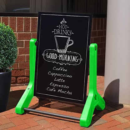 EXCELLO GLOBAL PRODUCTS Swinging Changeable Message Sidewalk Sign: 24" x 36" with 792 Pre-Cut Double Sided Letters and Storage Box. Includes Black Board & Letter Board (Green Color Legs)