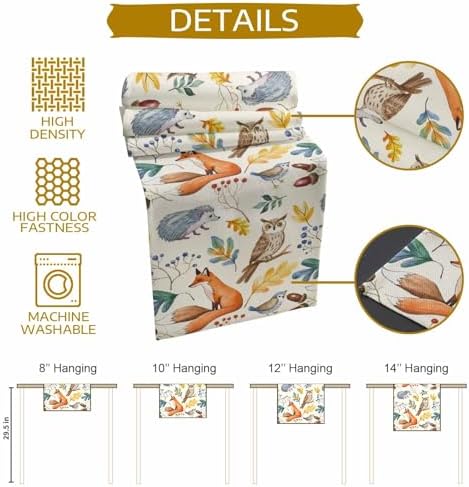 Fall Table Runner Autumn Animal Table Runners Harvest Thanksgiving Owl Bird Fox Leaves Cotton Linen Dresser Scarf Kitchen Dining Table Decor for Autumn Holiday Party Coffee 13x108 Inch