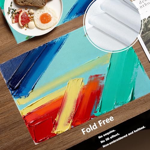 Batmerry Abstract Art Painting Linen Placemats Set of 8, Modern Colorful Texture Artwork Blue Washable Table Mats for Kitchen Table Thickened Heat Insulation Dining Set Indoor Outdoor 12X18 in