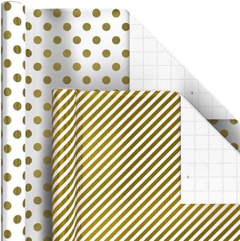 Hallmark Bulk Wrapping Paper Rolls for Birthday, Wedding, Graduation – Blue Metallic Gift Wrap Paper (Set of 6 Rolls: 180 Square Feet Total) Silver Stars, Gold Dots, Stripes, Navy