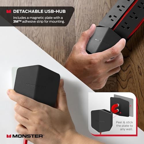Monster Power Center Vertex XL Surge Protector With Detachable Power Strip, 10 AC Outlets, 2 USB-A Ports & 1 USB-C Port (20W)