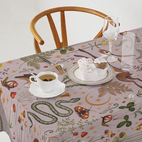 Rustic Forest Tablecloth, Pink Woodland Wild Animal Hare Squirrel Owl Snail Flowers Mushroom Table Cloth for Home Kitchen Dining Outdoor Patio Wedding Decor 60x120in