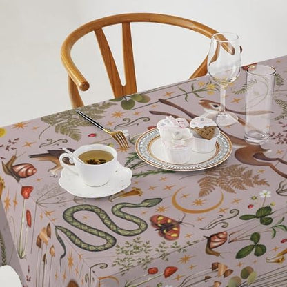 Rustic Forest Tablecloth, Pink Woodland Wild Animal Hare Squirrel Owl Snail Flowers Mushroom Table Cloth for Home Kitchen Dining Outdoor Patio Wedding Decor 60x120in