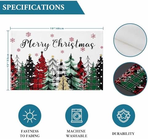 Merry Christmas Placemats Set of 4, Red Green Plaid Pine Tree Heat Resistant Washable Table Place Mats White Snowy Forest Winter Table Linens Party Holiday Decor for Kitchen Dining Outdoor Indoor