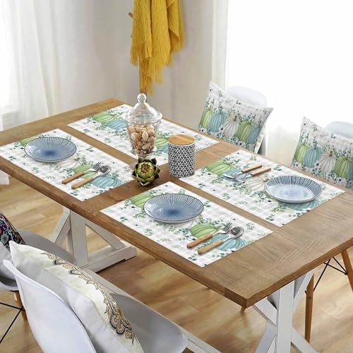 Fall Thanksgiving Placemats Set of 6, Autumn Pumpkins Eucalyptus Leaves Heat Resistant Dining Table Mats Fall Holiday Farmhouse Decor for Kitchen&Linens Outdoor Indoor, White Blue Green Gray Plaid